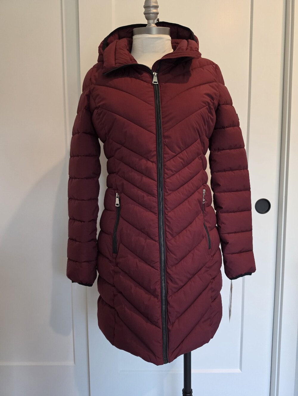 DKNY Quilted Hooded Long Puffer Coat in Wine